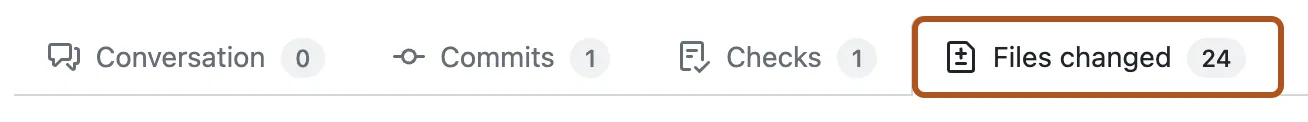 Pull request 的標籤擷圖。 "Files changed" 標籤有深橘色外框。